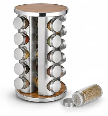 Produktbild von Drehbares Gewürzregal Edelstahl - Gewürzständer mit 16 Glasbehältern - Silber