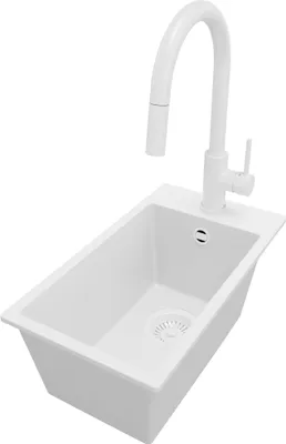 Produktbild von PRIMAGRAN Granitspüle Alles Weiß 28x50cm, Spülbecken 1 Becken + Küchenarmatur 40x20cm + Ablauf-Set, Küchenspüle ab 30er Unterschrank - Riga