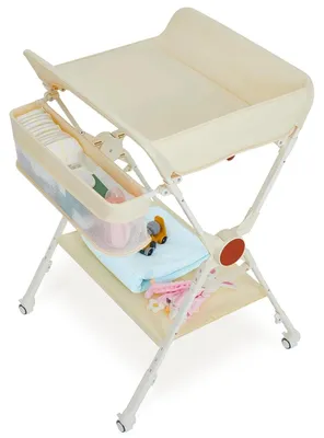 Immagine prodotto di Fasciatoio - Stazione per il cambio - Pieghevole - Con rotelle - Regolabile in altezza - Cestino portaoggetti - Struttura in metallo - Beige