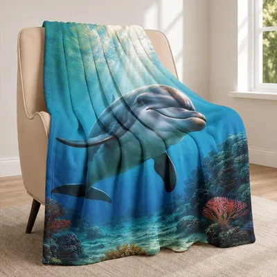 Zdjęcie produktu dla Elzusha - Kołdra flanelowa z motywem delfinów, 125 x 150 cm