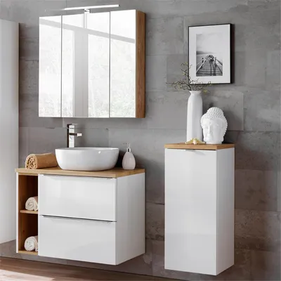 Produktbild von Badmöbel Set mit Keramik-Aufsatzwaschbecken TOSKANA-56 Hochglanz weiß & Wotaneiche, BxHxT ca. B/H/T: 135/190/46cm