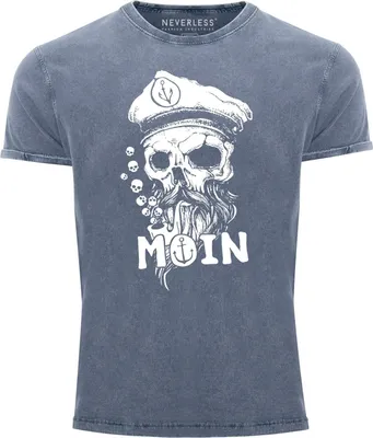 Produktbild von Herren Vintage Shirt Moin Kapitän Totenkopf Anker Bart Hamburg Printshirt T-Shirt Aufdruck Used Look Neverless® blau XXL