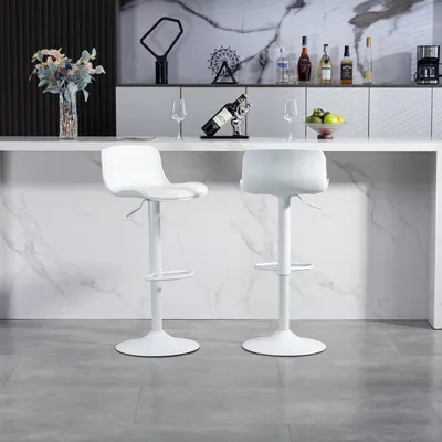 Image de Lot de 2 tabourets de bar pivotants et réglables, modernes, avec dossier en plastique, assise en similicuir, vérin à gaz et pied en métal avec repose-pieds. Blanc