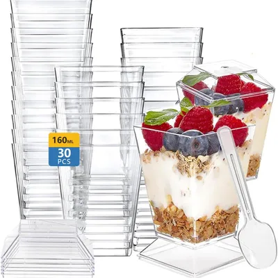 30 Dessertgläser 160 ml mit Deckel & Löffel, wiederverwendbar