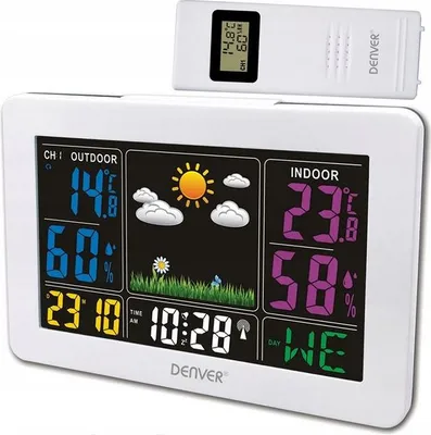 Zdjęcie produktu dla Denver WS-540WHITE, Biały, Wilgotnościomierz wewnętrzny, Termometr wewnętrzny, Odkryty higrometr, Termometr zewnętrzny, 20 - 90%, 0 - 50 °C, AC/Bateria, 159 mm