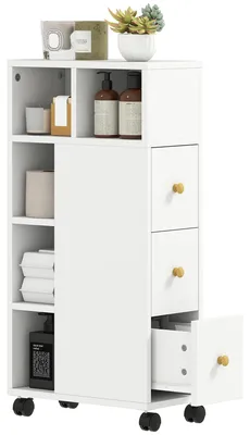 Produktbild von Badezimmerschrank Schmal, Badschrank mit 4 Rollen, 3 Schubladen, 5 offenen Fächern, 20x40x80cm, Weiß