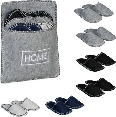 Produktbild von Relaxdays Gästehausschuhe 6 Paar, Hausschuhe Set mit Tasche, Größen 36-45, Filzpantoffeln, Antirutsch-Sohle, mehrfarbig