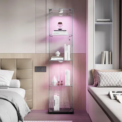 Zdjęcie produktu dla Szafka szklana stojąca z oświetleniem LED, 4 półki, czarna, 1 drzwi, zamek, wymiary: 163 x 39,8 x 35 cm