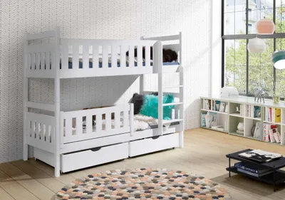 Produktbild von KEF Franek Etagenbett Kinder Holz Kinderbett für Zwei Kinder Weiß mit Matratze Leiter Rechts 180x80 cm