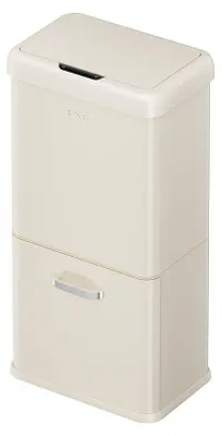 A cream-colored trash can with a silver handle on a white background.