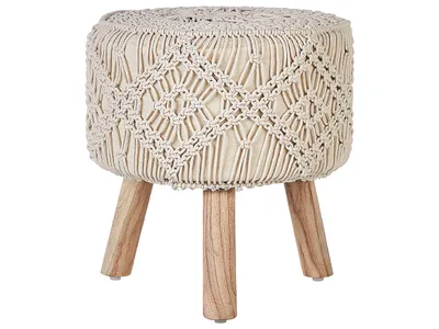 Produktbild von BELIANI Hocker Beige aus Baumwolle 40 x 40 cm Rund Makramee Muster Geflochten Boho Stil Fußhocker für Wohnzimmer Kinderzimmer Flur