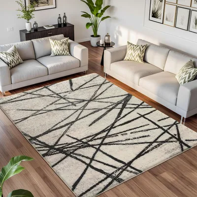 Imagen del producto de Omgoods - Alfombra moderna de pelo corto para sala de estar - Diseño bohemio abstracto y geométrico, 120 x 160 cm