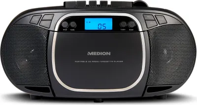 A black Medion boombox with a CD player and cassette player.