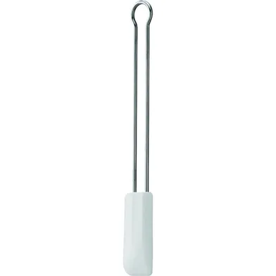 A white silicone spatula with a silver metal handle is shown against a white background.