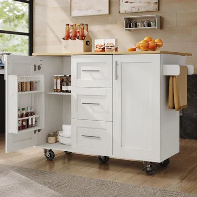 Produktbild von Küchenwagen mit klappbarer Arbeitsplatte, Schubladen, Rollen, Weiß 135x46-74x86,6 cm