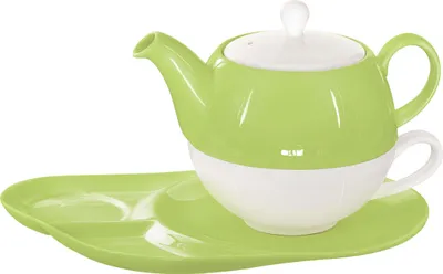 Produktbild von Buchensee Tea for one Set / Teeset Lena, Teekanne 500ml mit Teetasse und Ablageteller, grün, Crystal Bone China Porzellan