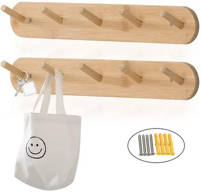 Immagine prodotto di Set da 2 ganci da parete, in bambù resistente, 10 ganci, salvaspazio, in legno, per corridoio e camera da letto