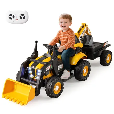 Immagine prodotto di Trattore elettrico COSTWAY, trattore cavalcabile a 12V con rimorchio, pala, telecomando, luci LED e musica, escavatore da seduti, trattore elettrico per bambini 3+giallo