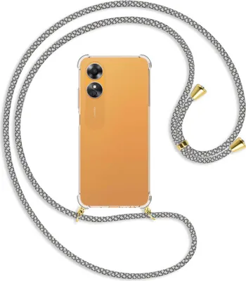 Produktbild von Handykette Backcover-Schutzhülle mit Band (Metall goldfarben) für Oppo A17 4G (CPH2477, 6.56'') - weiß/grau kariert