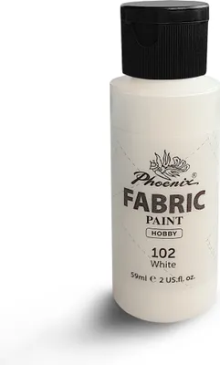 A bottle of white fabric paint with a black cap, shown on a white background.