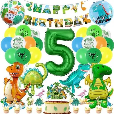 Produktbild von Schnell einkaufen - Dino Geburtstagsdekoration seit 5 Jahren, XXL Dino Folie Ballons mit Nummer 5, Dschungel-Motivparty, Happy Birthday Slingers, Party Deko