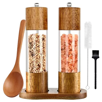 Produktbild von Salz und Pfeffermühle 2er Set mit Untersetzer Gewürzmühle Manuell Pfeffermühle Holz Salzmühle Verstellbarem Keramikmahlwerk für Gewürze Pfeffer