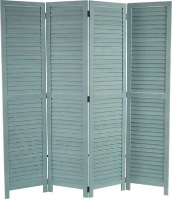 A four-panel folding screen with louvered panels, presented in a studio setting against a white background.