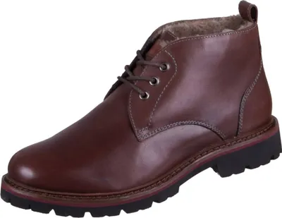A single brown leather boot with fur lining is shown against a white background.