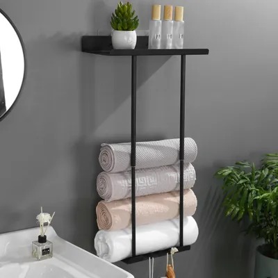 Image de Porte-serviettes mural en acier inoxydable noir, avec étagère et 3 crochets