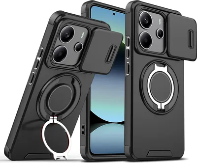 Obrázek produktu pro Dvouvrstvé pouzdro pro Xiaomi Redmi Note 14 4G, s posuvným krytem fotoaparátu a magnetickým kroužkovým stojánkem Černý