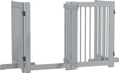 Zdjęcie produktu dla Barierka dla psa, 4 części, 204 x 75 cm, składana bramka zabezpieczająca z drzwiami, wolnostojąca bramka dla psa z 2 nóżkami, drewniana bramka na klatkę schodową do przedpokoju, kuchni, schodów, jasnoszara