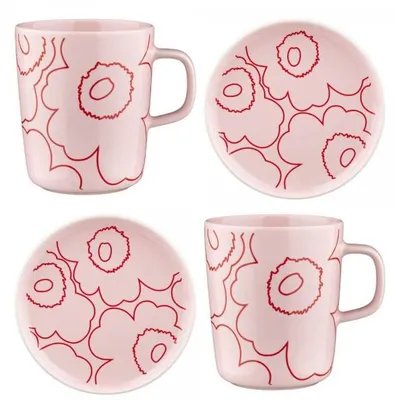 Produktbild von Marimekko Geschirr-Set Piirto Unikko Oiva Rosa Rot (4-teilig)