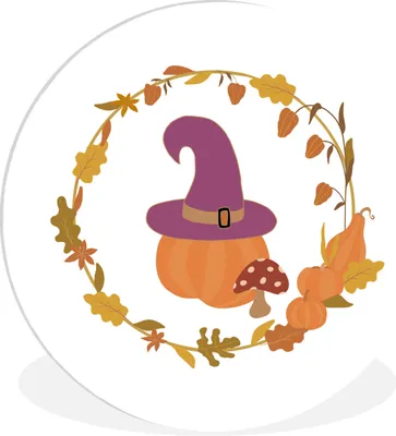 Produktbild von MuchoWow® Rundes Wandbild - Runde Bilder Herbst - Kranz - Halloween - Hexenhut Ø 30 cm Kreis Wanddekoration Kunststoff - Wandkreis - Wandschmuck - Schlafzimmer - Bilder - Der Kreis - Kunst für die Wohnung - Plastik - Kunstdruck - Wandbild