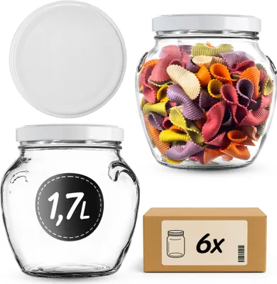 Produktbild von KADAX Einmachglas 1,7 Liter mit Schraubdeckel fi110mm, großes Vorratsglas mit Deckel, Einkochglas, Schraubglas mit großer Öffnung, Gurkenglas (Weiß, 6 Stück)