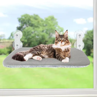 Produktbild von Katzen Hängematte Fensterliege Fenster Katzenbett Katzenhängematte Klappbar Fensterplätze Fensterhängematte Katzenliege Katzenhängebett Hält Bis zu 25kg (grau, M)