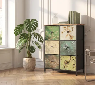 Image de Commode rétro INONEFT avec 6 tiroirs, meuble de rangement avec cadre métallique, idéal pour le salon, la chambre ou l'entrée, dimensions : 67,5 x 30 x 86,5 cm