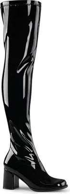 A single black patent leather boot shown against a white background.