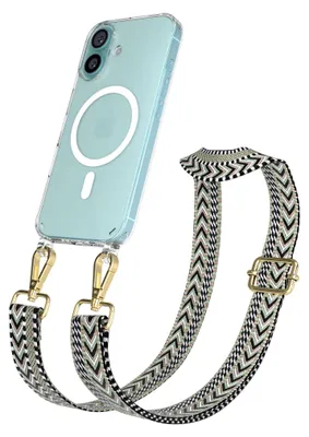 Produktbild von EAZY CASE - Handykette mit MagSafe Hülle für Apple iPhone 16, Handyband ZigZag Style,Karabiner Gold, Umhängeband in Grün