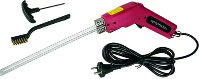A hot cutter tool and its accessories are laid out on a white background.