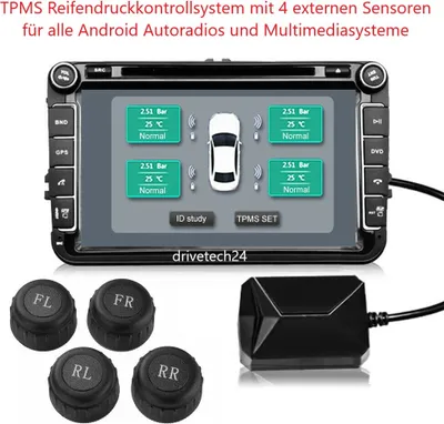 Produktbild von TPMS Reifendruckkontrollsystem für Android Autoradio mit 4 externen Sensoren