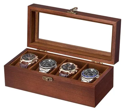 Produktbild von Holz Uhrenbox mit 4 Fächern und Glasdeckel, Braun