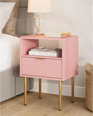 Image de Table de nuit rose avec plateau ouvert et tiroir