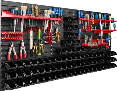 Obrázok produktu pre Skladovací systém dielenské regály | 172 x 78 cm | 80 ks. Box | Nástenné regály s držiakmi na náradie a stohovateľnými boxmi - Nástenné dosky Extra silné regály s otvormi na náradie Skladové regály Garážové regály