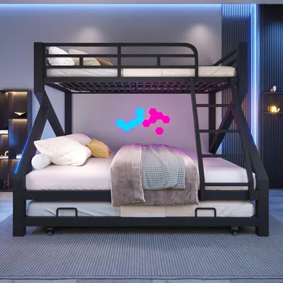 Zdjęcie produktu dla Łóżko piętrowe Flex, 90 x 200 / 140 x 200 cm, z drabiną, łóżko piętrowe z wysuwanym łóżkiem, łóżko piętrowe z barierką ochronną, kolor czarny, metal + MDF