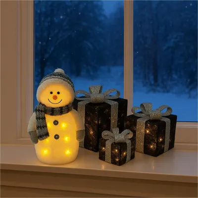 Immagine prodotto di Pupazzo di neve a LED con set di 3 scatole regalo bianco caldo timer nero argento