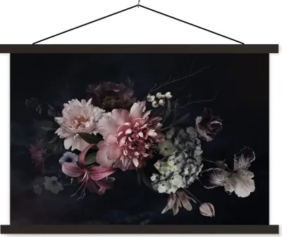 Produktbild von MuchoWow® Textilposter Blumen - Vintage - Pastell - Schwarz - Blumenstrauß 60x40 cm mit schwarzem Rahmen - Hölzernes