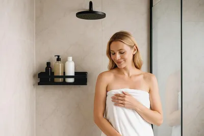 Produktbild von Duschkorb – Badezimmerregal – Duschregal – Shampoo-Halter – Duschkorb ohne Bohren – Badezimmer-Organizer – Edelstahl (Schwarz, 40 CM)