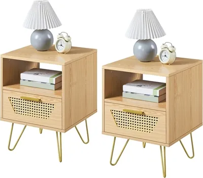 Produktbild von Yaheetech 2er Set Nachtttisch Rattan-Design Beistelltisch mit Schublade und Offenen Ablagefach Nachtschrank Metallbeine Nachtkommode Sofatisch, Brau
