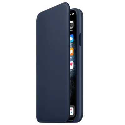 A dark blue flip case for a smartphone is shown partially open, revealing the phone screen with app icons.