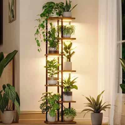 Imagen del producto de Soporte para plantas con luz de crecimiento, ideal para plantas de interior. Estante metálico con 7 niveles. Maceta de madera para decoración del hogar y la sala de estar